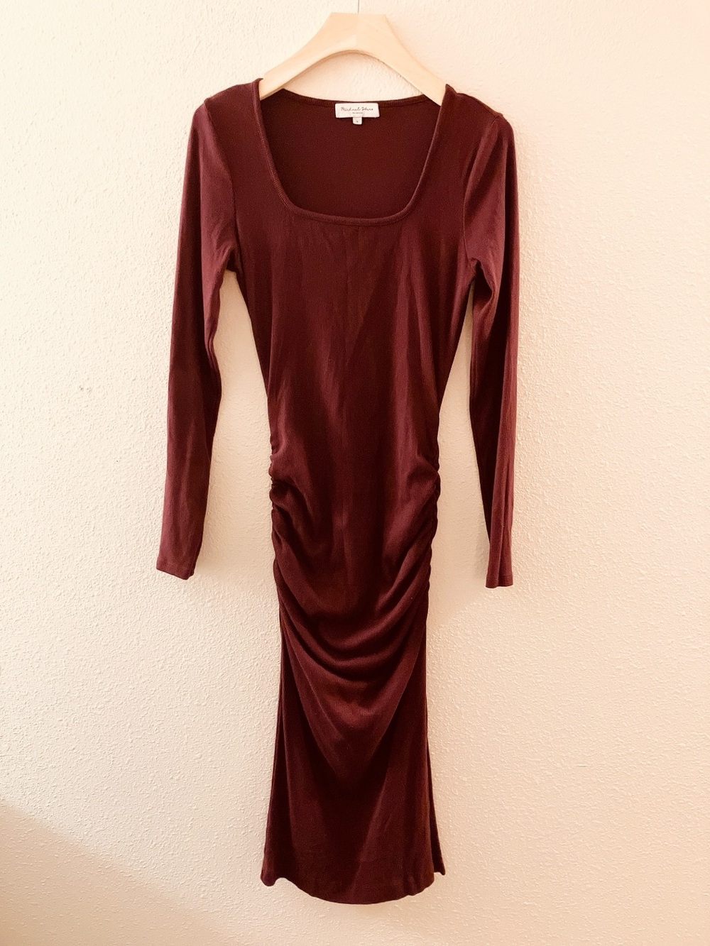 Michael Stars Scoop Neck Long-Sleeve Maxi Dress Ruched Slit Bohemian Red Small - Picture 2 of 9